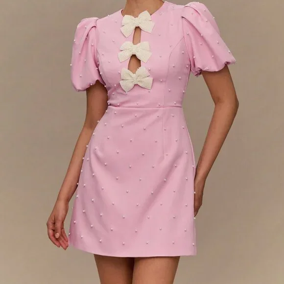 Pink Casual Women's Pearl Bow Decor Short Sleeve Dress - Picture 6 of 7